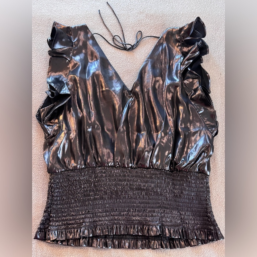 Nine West Sleeveless Ruffle Smocked Hem Top - Picture 6 of 11